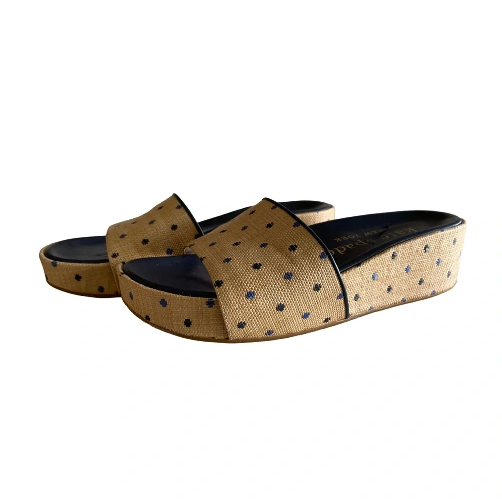 Kate Spade New York Breeze Raffia Platform Slide Sandals Polka Dot Wedge - Picture 2 of 11